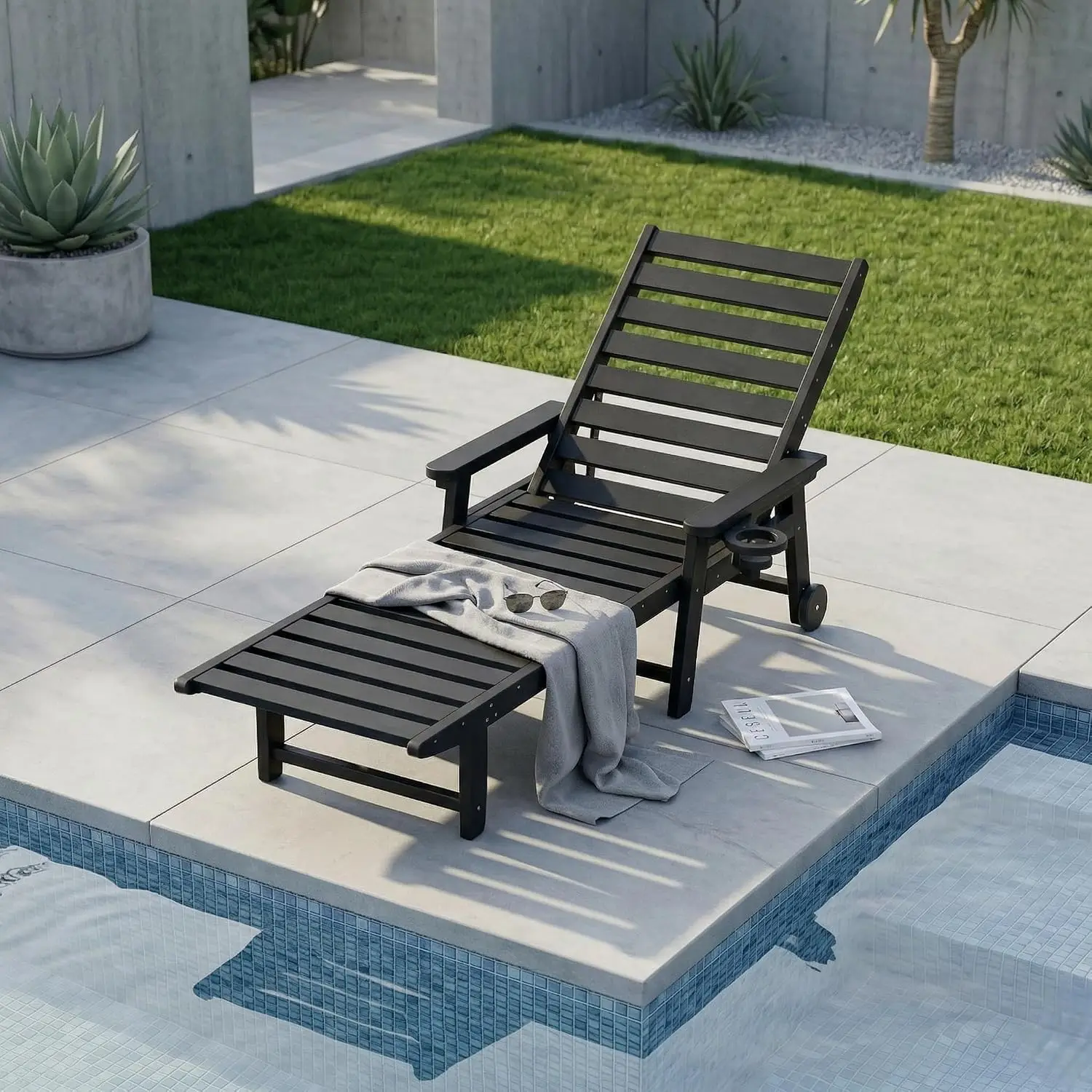 5-Position Adjustable HDPE Outdoor Chaise Lounge with Cup Holder & Wheels for Poolside Beach Deck, Customized
