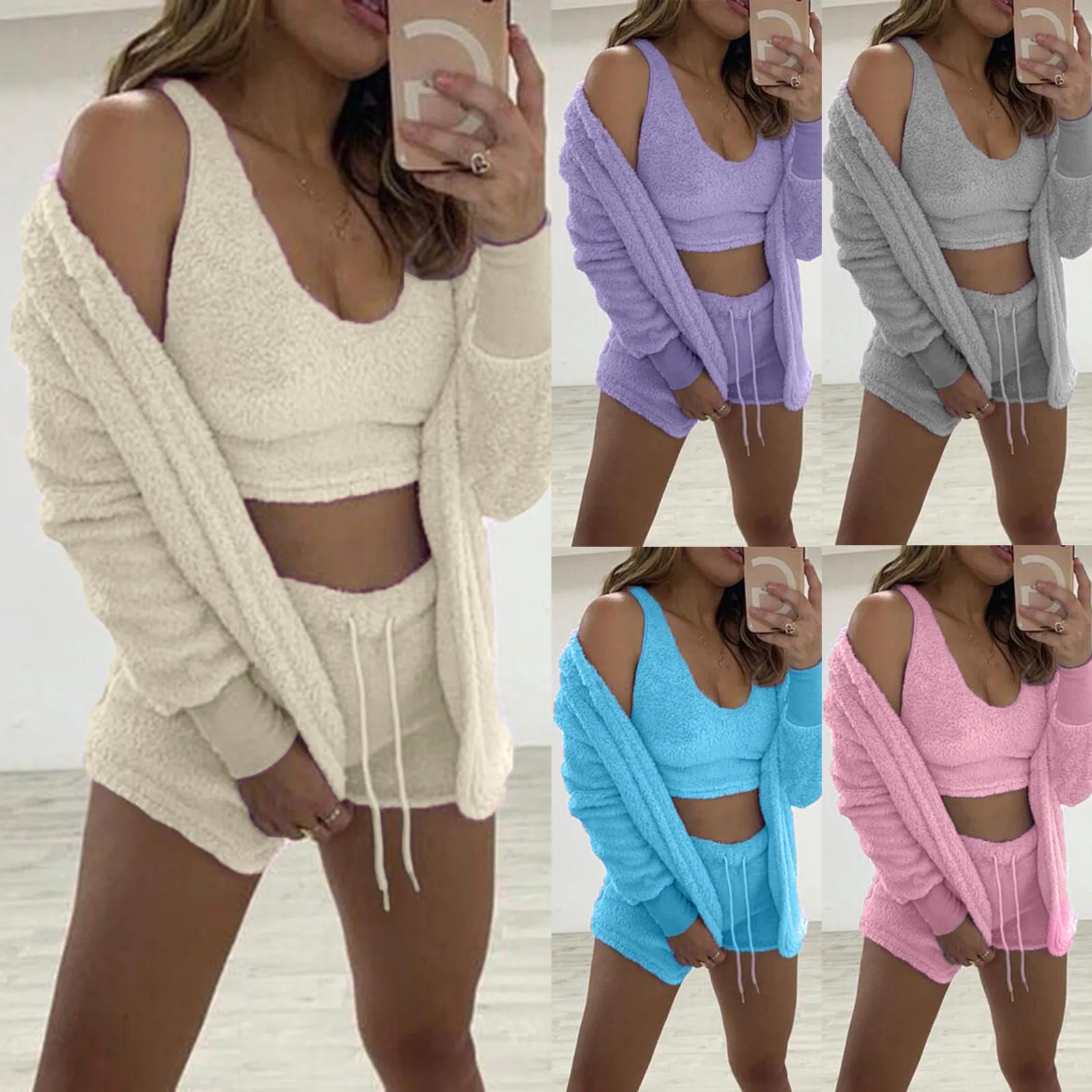 Fluffy Pajamas Set For Women Casual Sleepwear Tank Top And Shorts Plus Size Hoodie Leisure Homsuit Winter 3 Pieces Pijamas