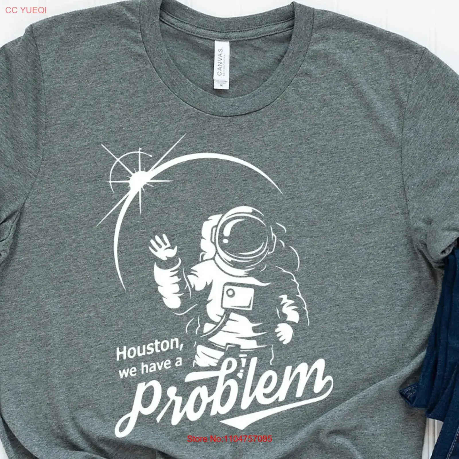 Astronauts T Shirt Houston We Have A Problem Funny Planets Spaceman Family Spacewoman vintage Washed Top For Everyday Wear