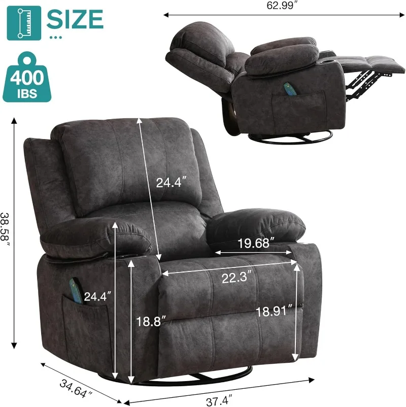 Massage Recliner Chair for Adults 360°Swivel Rocker Recliner Chair with 8Point Massage and Heat, Oversized Soft Fabric Recliner