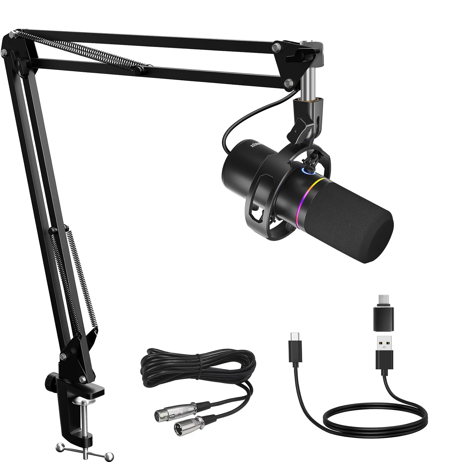 XLR/USB Dynamic Microphone Kit, PC Microphone for Streaming, Podcasting, Gaming, RGB, Mute and Noise Cancelling Function, Volume