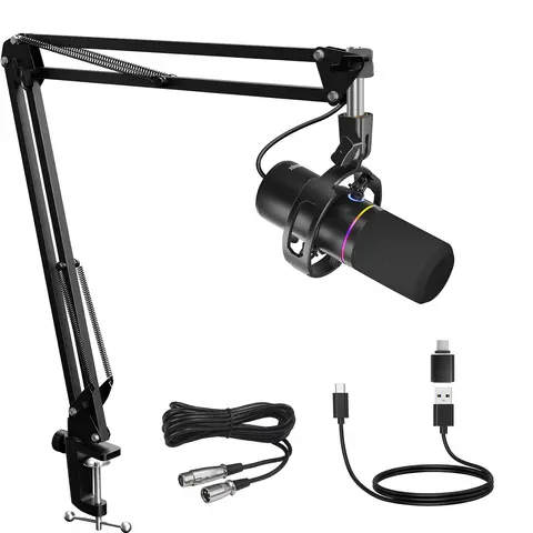 Zestaw mikrofonu dynamicznego XLR/USB, mikrofon komputerowy do strumieniowego przesyłania, podcastingu, gier, RGB, funkcja wyciszenia i redukcji szumów, głośność