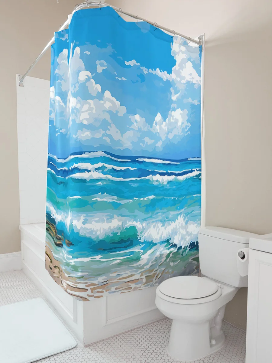 

Занавеска для душа с морским пейзажем - голубые океанские волны и белые облака, декор для ванной комнаты для дома и отеля, водонепроницаемый, прочный