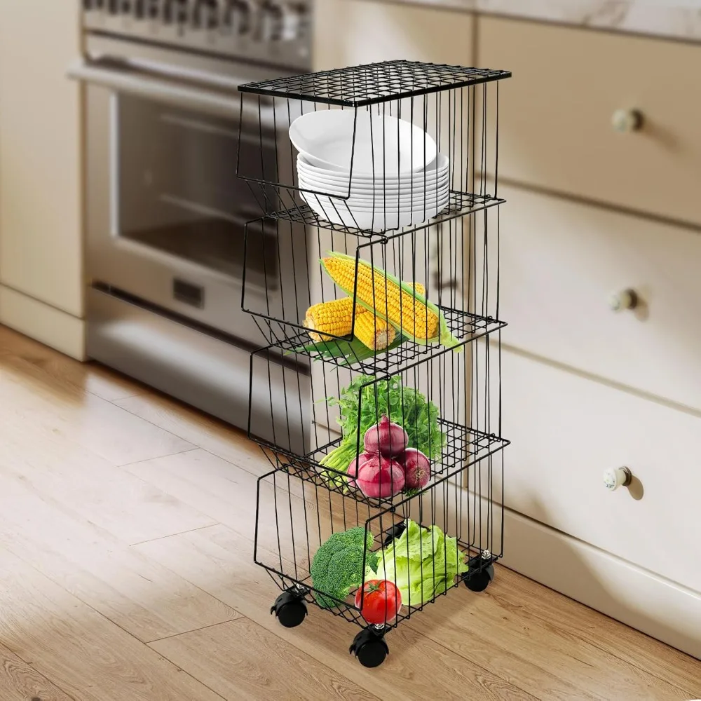 4 Tier Fruit Vegetable Storage Stackable Rolling Fruit Basket Utility Rack with Wheels Carbon Steel Fruit Basket