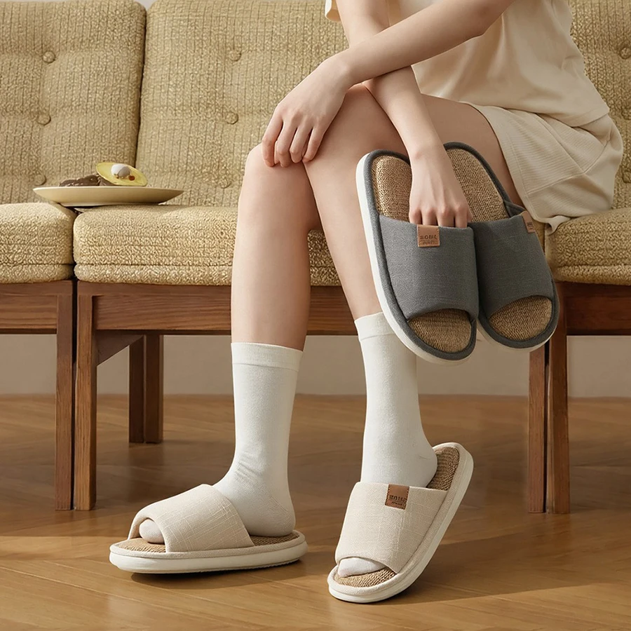 

Новые большие размеры 48-49: Льняные домашние тапочки для мужчин и женщин, дышащие, на толстой подошве, нескользящие, для пар, в японском стиле