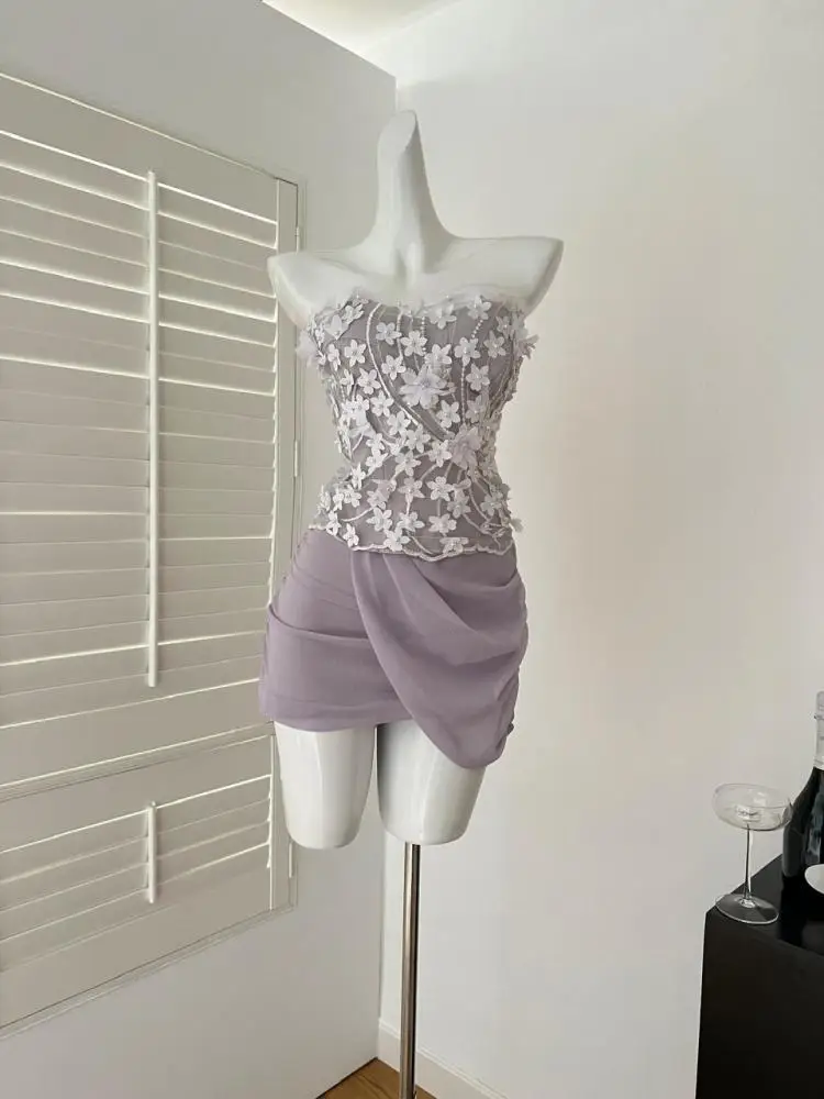 

Летние женские фиолетовые лоскутные жемчужные цветы элегантные сексуальные короткие топы без рукавов без бретелек + плиссированная юбка с высокой талией комплект из двух предметов