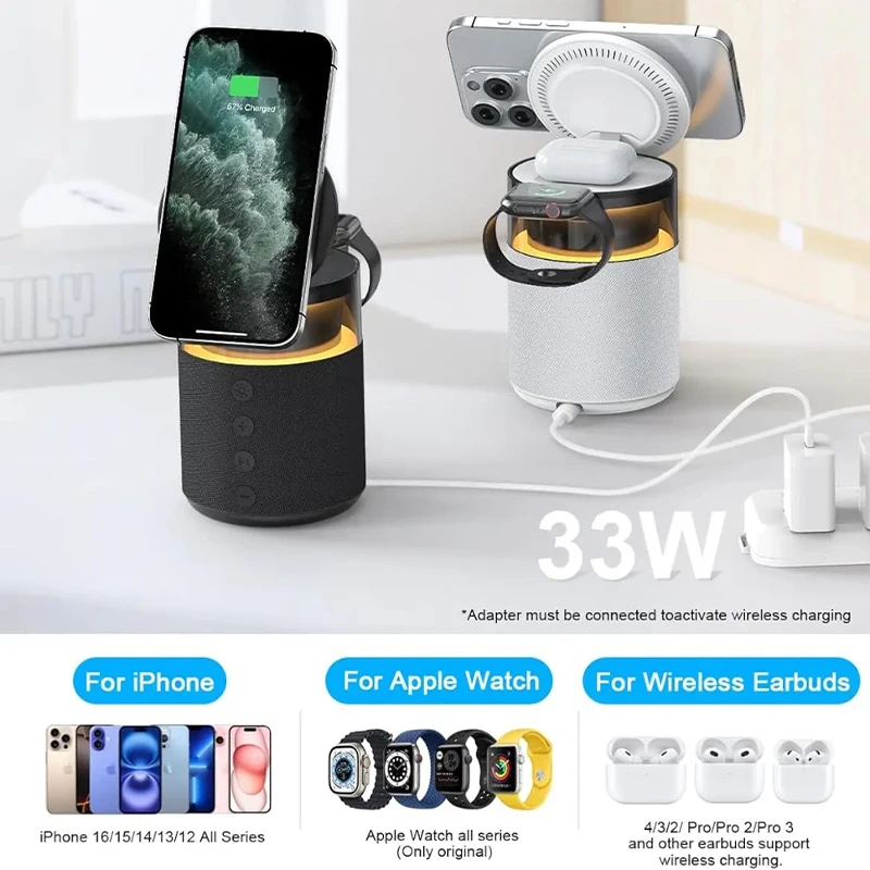 Магнитная беспроводная зарядная станция 5 в 1, зарядное устройство Magsafe, беспроводное зарядное устройство с динамиком Bluetooth для IPhone IWatch AirPods