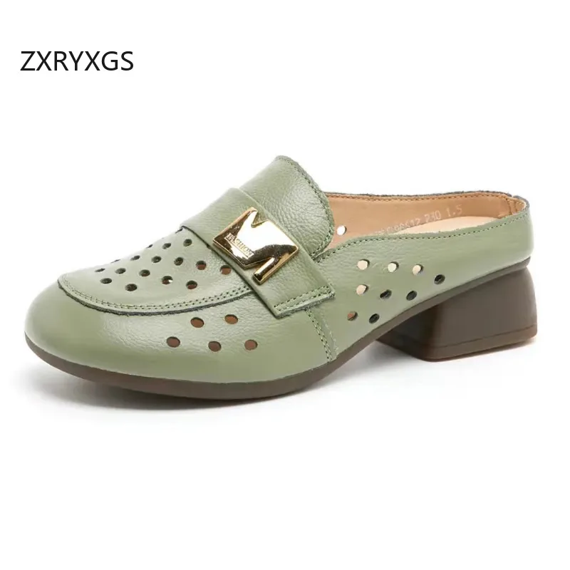 

ZXRYXGS Round Toe Hollow Women Genuine Leather Slipper Comfortable Soft Sole Thick Low Heels 2024 Summer Fashion Casual Slippers