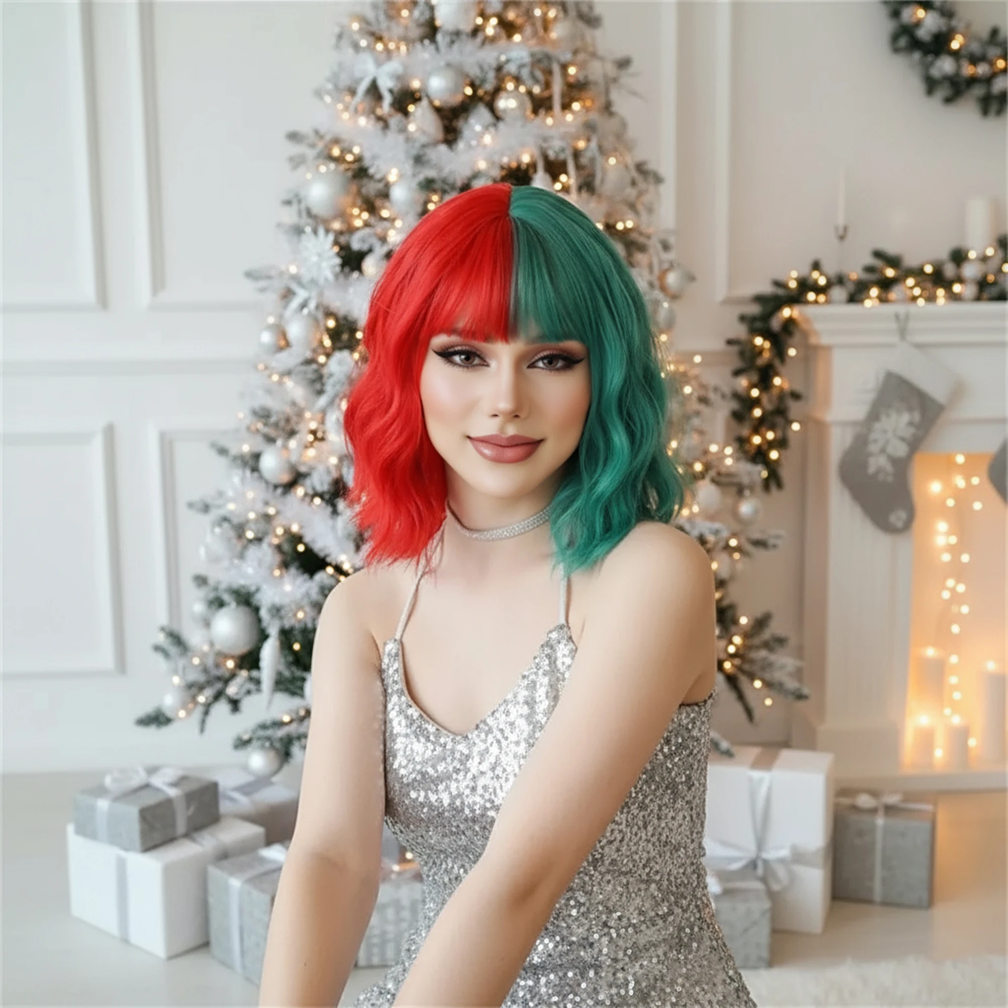 

Short curly hair with bangs and wavy sea water color blocked headband Synthetic fiber wig