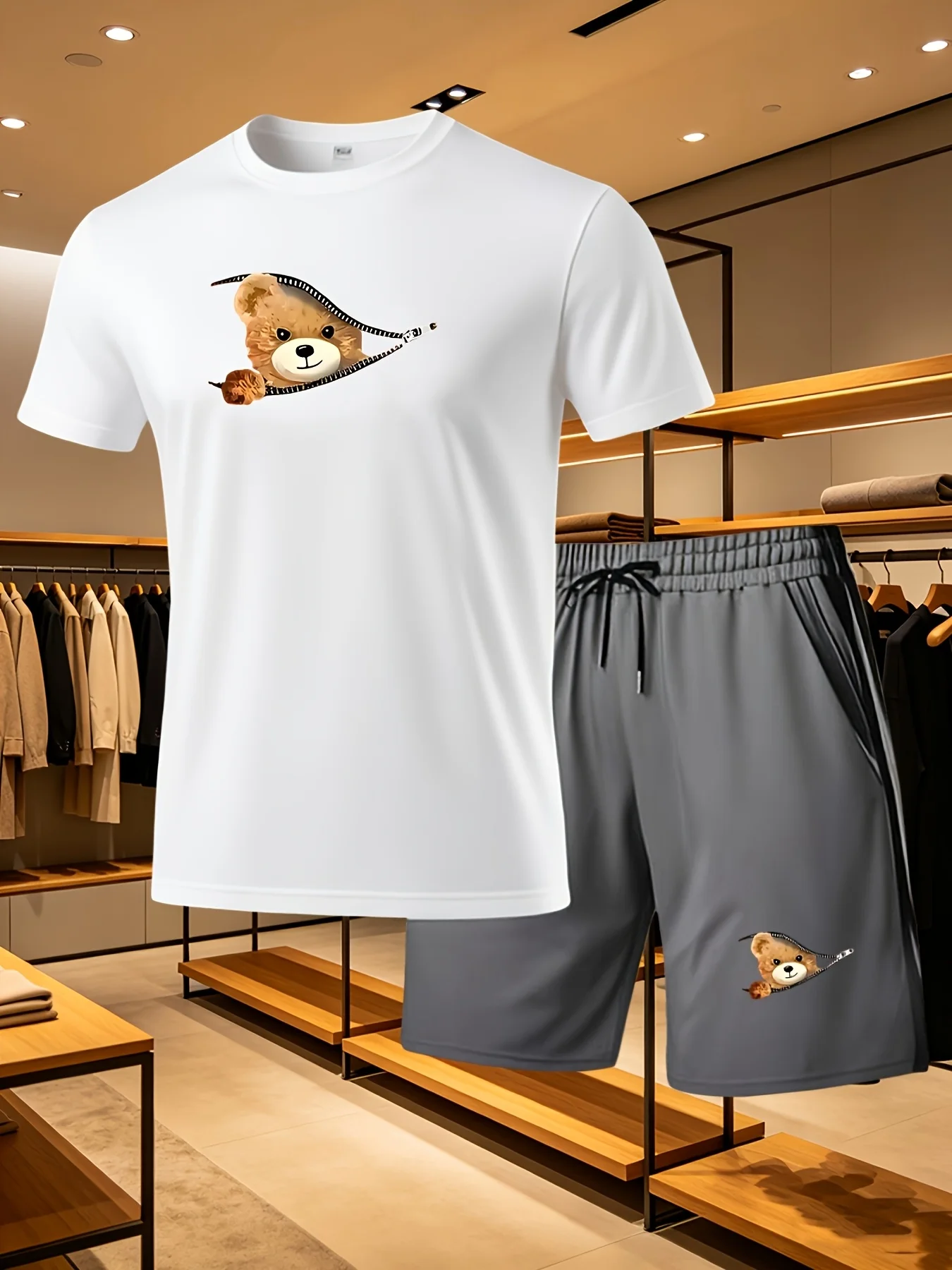 Summer Holiday Essential Men Casual Set Zip Bear Printed Crew Neck Tshirt Loose Beach Shorts Comfort Home Loungewear view 3