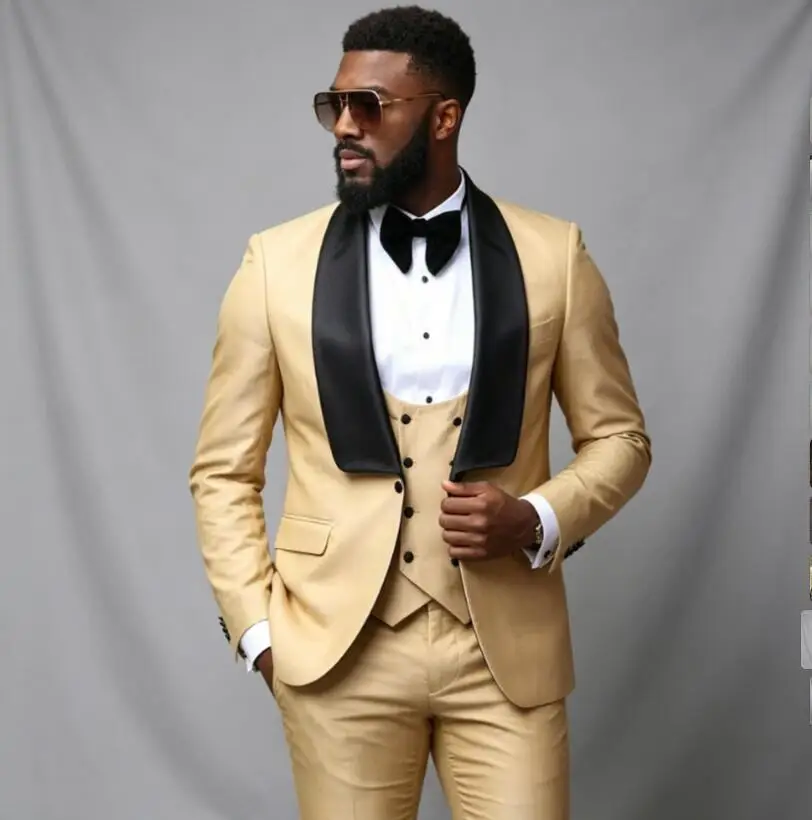 New Wedding 3 Piece Mens Dress Suits Groomsmen Tuxedos For Men Blazer Shawl Lapel One Button Formal Suit With Jacket Vest Pants
