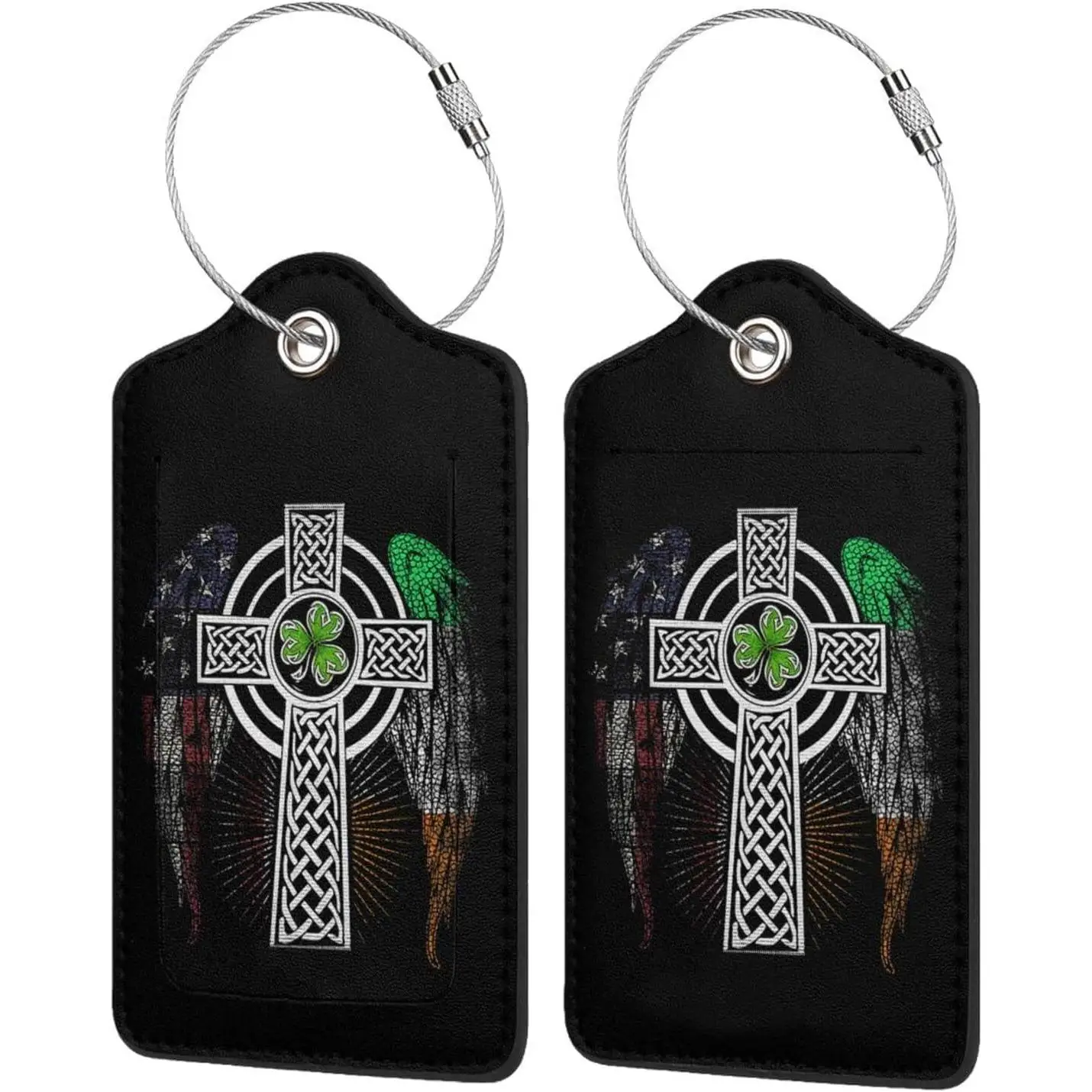 

Irish American USA Flag Celtic Cross St Patrick's Day Leather Baggage Bag Luggage Tags with Stainless Steel Loop and Privacy