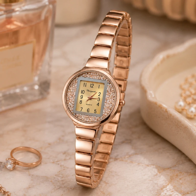 Luxury Diamond Inlaid Women's Watch Slim Elegant Rose Gold Bracelet Fashion Ladies Quartz Wristwatch for Daily Wear montre femme