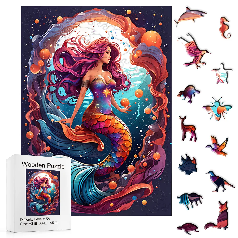 Mermaid wooden puzzle with special shapes, adult stress relieving circular magic, unique irregular animal wooden puzzle