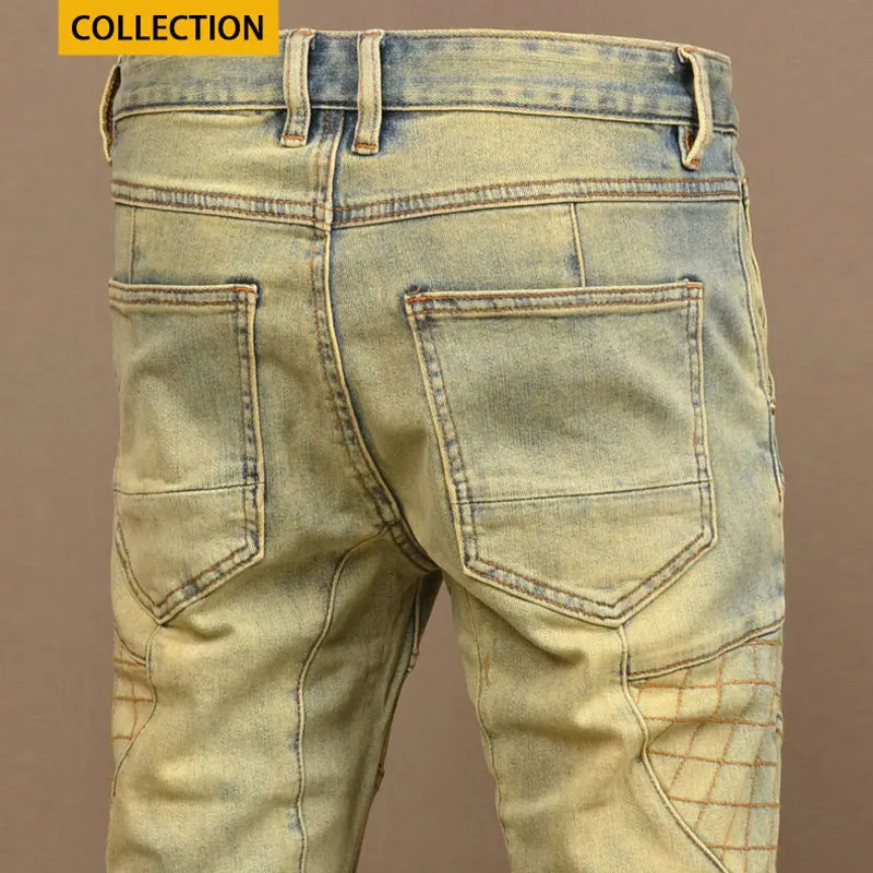 Pantalones vaqueros rasgados para Hombre, Jeans Retro lavados, elásticos, ajustados, empalmados de diseñador, Hip Hop, motorista