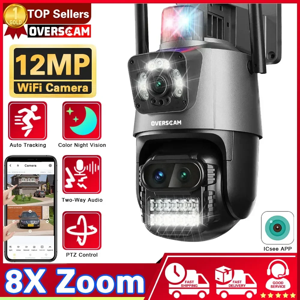 

External 12MP PTZ IP Camera Wifi 8X Digital Zoom Outdoor Dual Screens Auto Tracking Wireless CCTV Surveillance Camera iCSee App