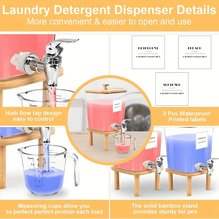 Laundry Detergent Dispenser, Plastic Liquid Laundry Soap Dispenser with Faucet Fabric Softener Container Laundry Room organizer