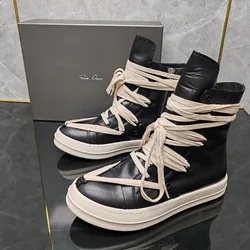 Round owens men's high-top high-quality leather lace-up spring and autumn high-end casual sports shoes black original.