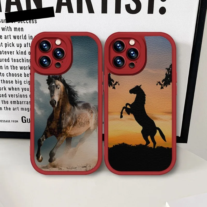 Animal Galloping Horse Phone Case Red For IPhone 14 11 13 12 Pro Max Mini Xs X Xr 7 8 Plus SE2020 Leather Silicone Texture Coque