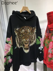 Fleece Padded Thickened Hoodies Women Tiger Rhinestone Loose Mid-Length Sweatshirt Fall Winter European Goods Hot Drilling Top