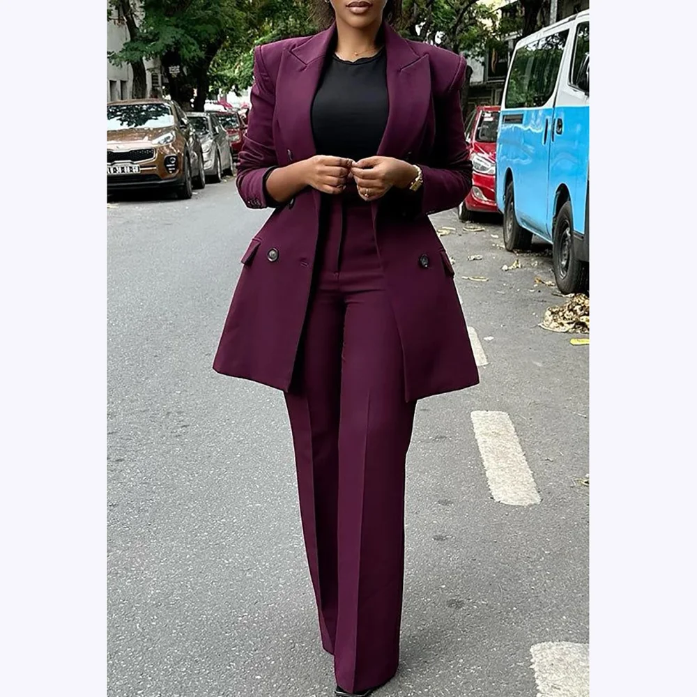 High Quality Women Suits Double Breasted Straight Formal 2 Piece Jacket Pants Peak Lapel High Street Daily Office Casual Suit