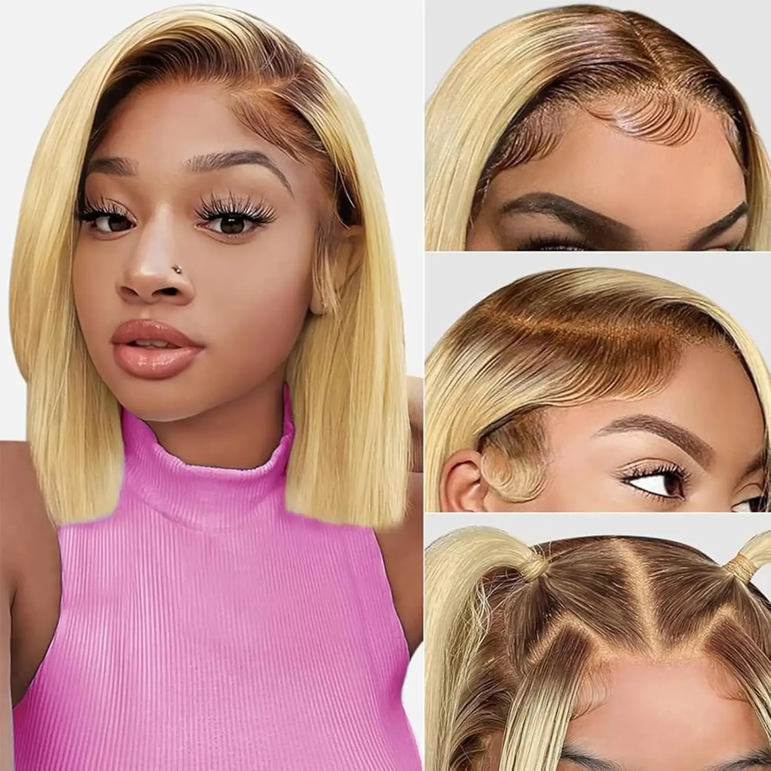 

Short Straight Bob Wig Human Hair Wigs Dark Root Blonde 4/613 Colored Pre Plucked Brazilian Remy 13x4 Lace Frontal Wig For Women