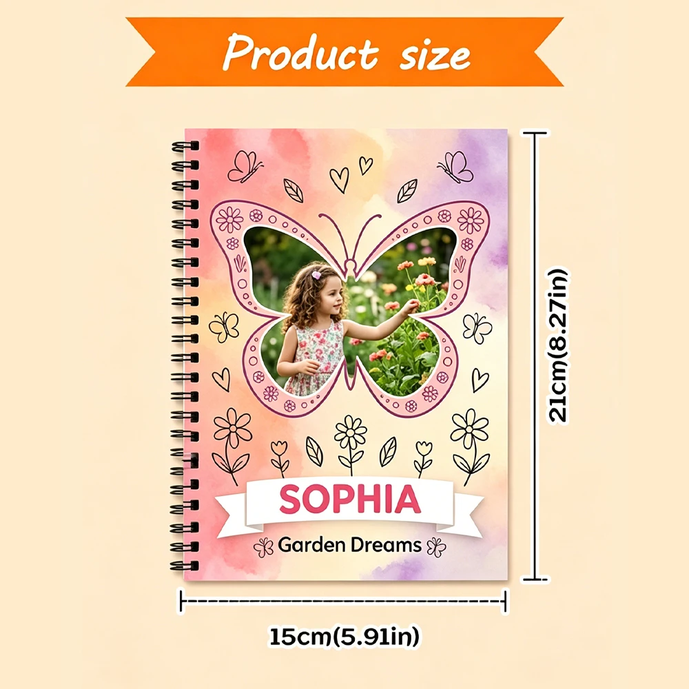 Personalized Custom Photo Name Spiral Notebook,Butterfly Floral Photo Frame Cover,Back To School,Children's Day,Daily Stationery