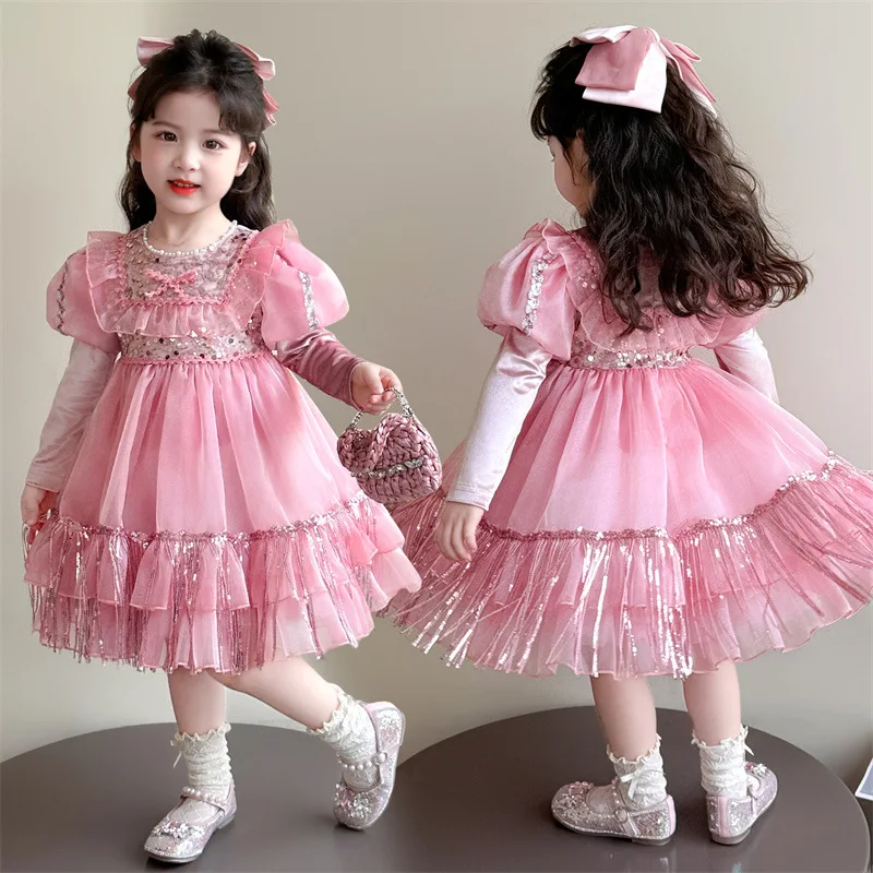 

Pink Girl Lolita Princess Dress Fluffy Skirt Birthday Party Dress with Tassels and Sequins Layered Dress Festival Ball Gown
