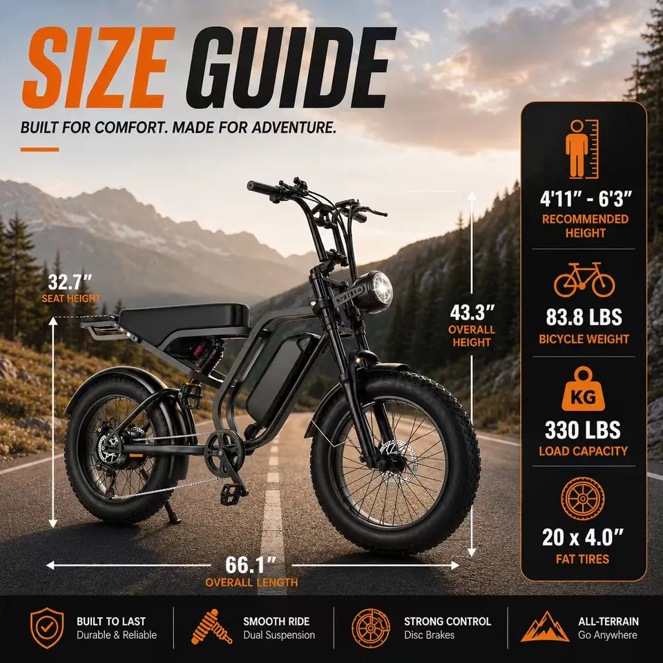1000W Peak Motor Electric Bike for Adults, 48V 15Ah Removable Battery 40-60 Miles Range, 20' X 4.0' Fat Tire E-Bike, Dual Suspension & Dual Disc Brakes, 330LBS Moped Style Electric Bicycle with LCD Display image 8