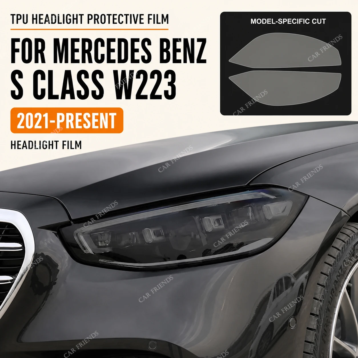 Set Custom Fit Pre-Cut Automotive TPU Front Headlight Protective Film for Mercedes Benz S Class W223 2021 Smoked Black