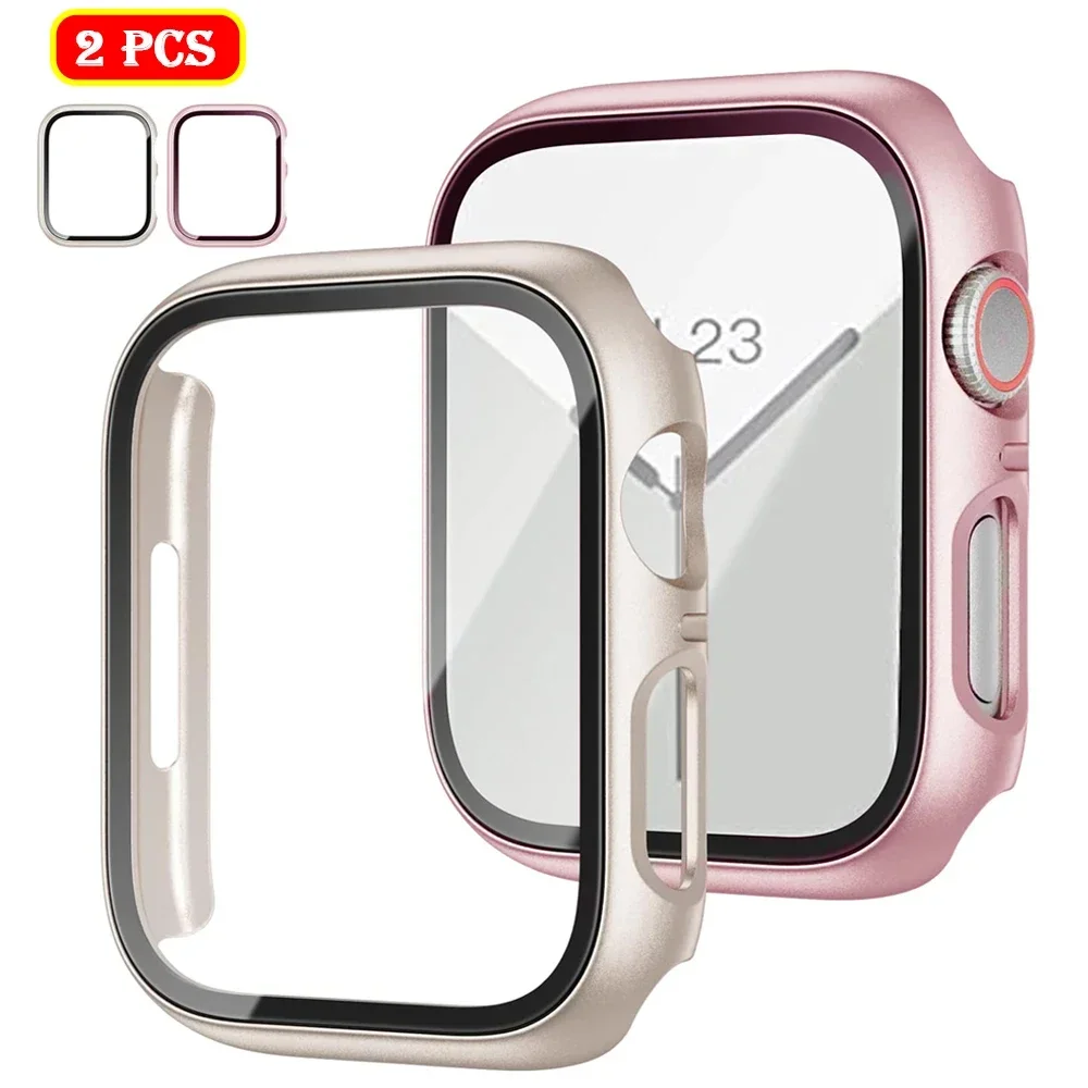 2PCS Tempered Glass+cover For Apple Watch Case 45mm 41mm 42mm 40mm 44mm HD bumper Screen Protector iWatch series 9 8 7 6 5 3 se