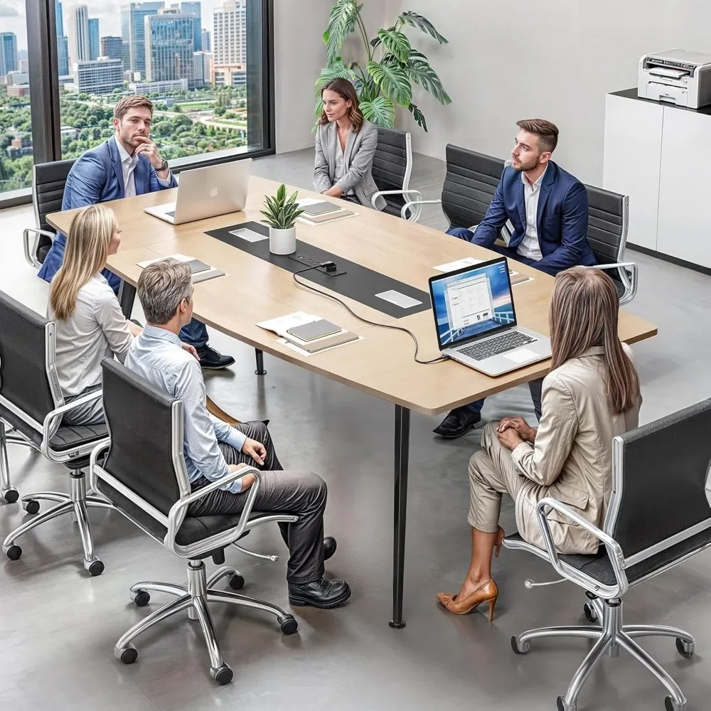 Mesa de conferência com Power Outlets, ilhó retangular, grão de madeira leve, 6 pés, 70,8 polegadas, moderno