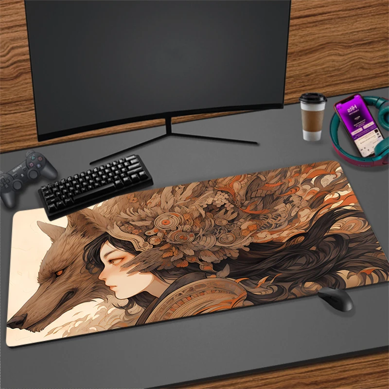 XXL Lockedge Speed Game Pc Keyboard Mousepad Wolf Girl Mouse Pad Office Computer Desk Accessories Retro Style Table Mat 80x30cm