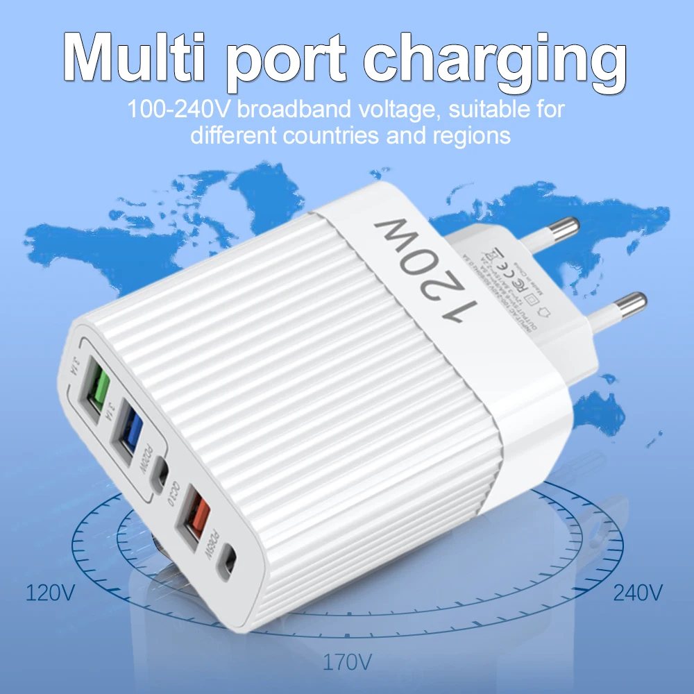 120W Phone Fast Charging Multi Port USB Chargers For iPhone iPad Samsung Xiaomi Redmi Tablet Universal Travel Charger Adapter