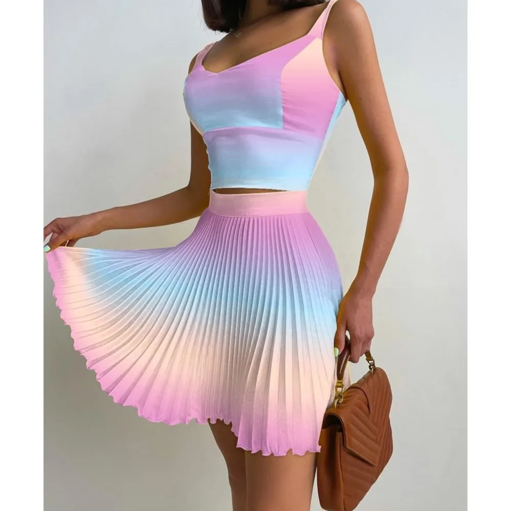 

Sexy Printed Halter Pleated Short Skirt 2 Piece Set Women's Summer Fashion Casual Sports Baseball Jacket Female Vest Skirt Suit