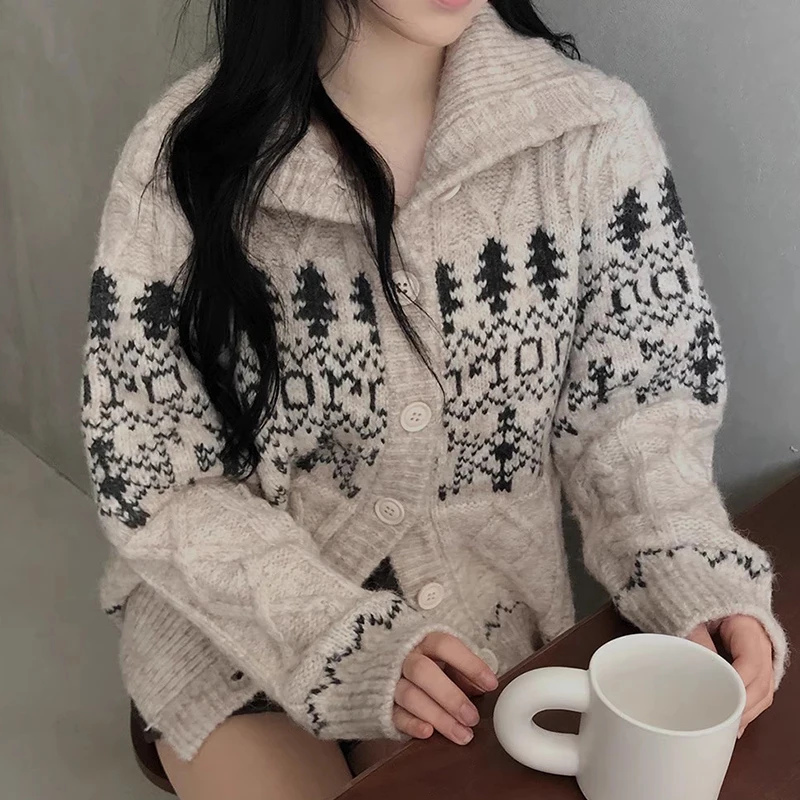 Christmas Jacquard Cardigan Single Breasted Outerwears 2024 Women Clothing Laple Neck Knitted Sweater Autumn Winter Cardigans