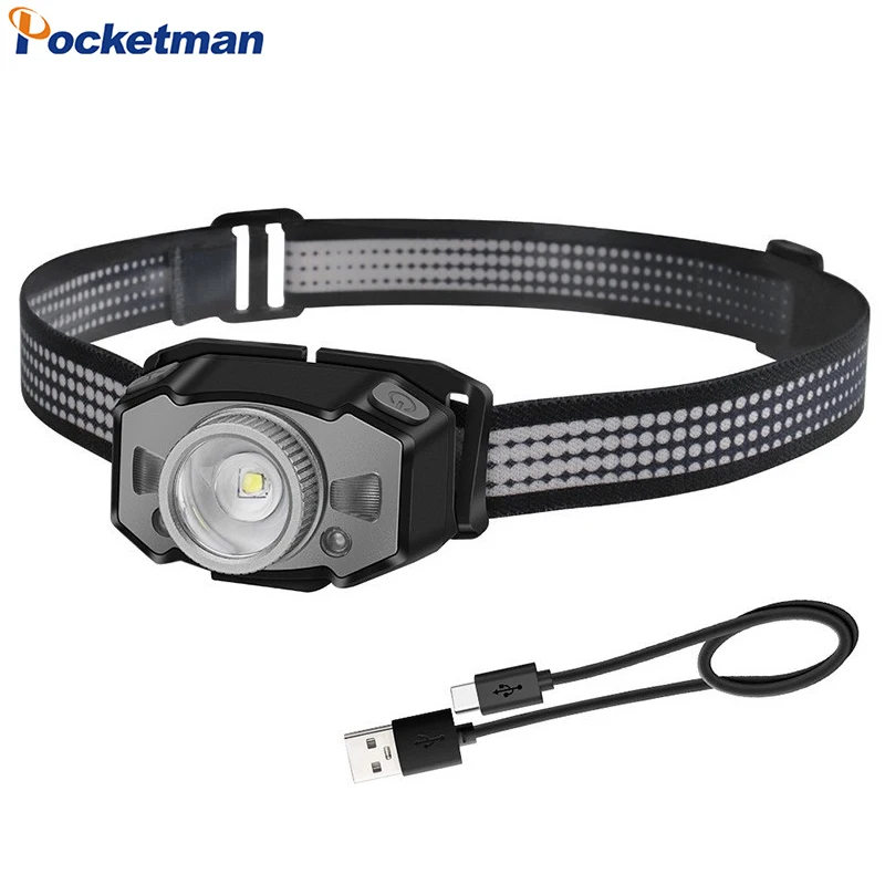 IR Motion Sensor Super Bright LED Headlamp Type-C USB Rechargeable Headlight Zoom Head Lamp with Built-in Battery
