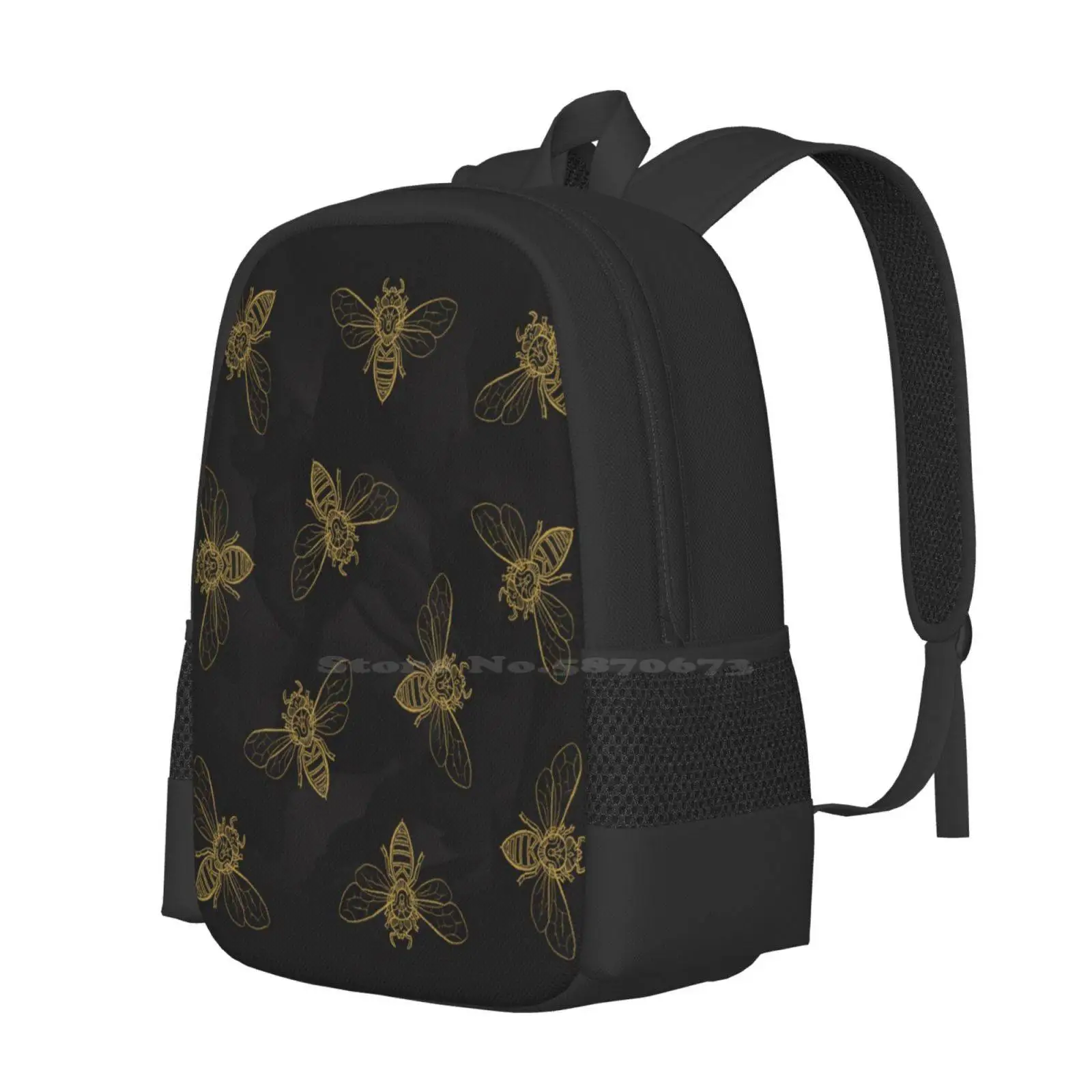 Mandala Bees Pattern Design Bag Student'S Backpack Insect Buzz Flower Spring Nature Season Gold Black Yellow Ink Hipster Bzz