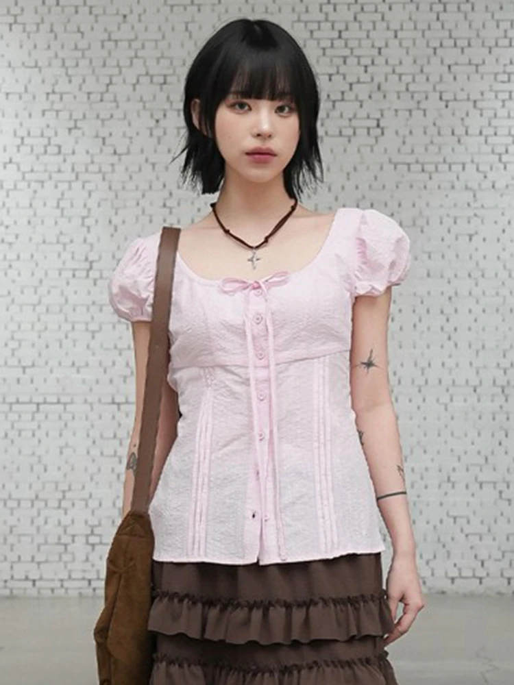 

Amyway Sweet Pure Desire Knot Bubble Sve Waist Cinched Tie Girl Feel T irt Women ort Sve U Ne Regular L...