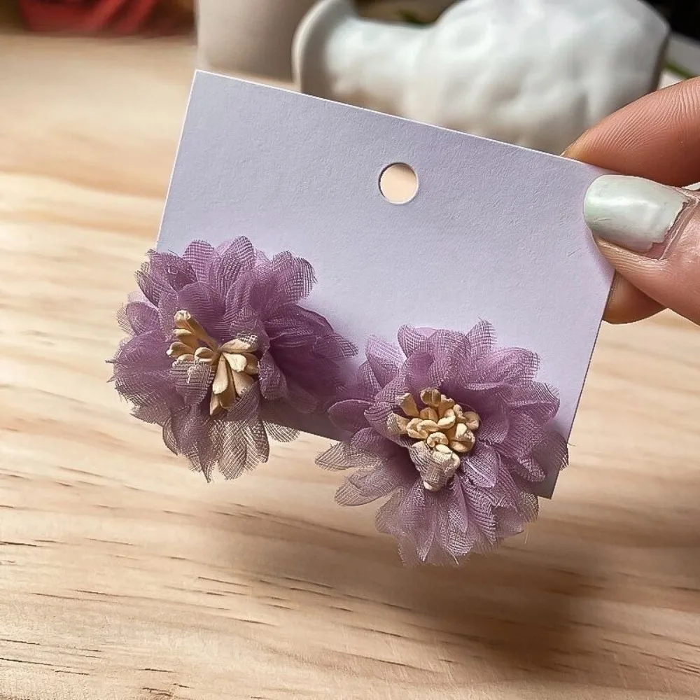 Korean Romantic Purple Net Mesh Lace Stereo Petal Flower Stud Earrings for Women Daily Wear Party Floral Earrings Jewelry Gifts