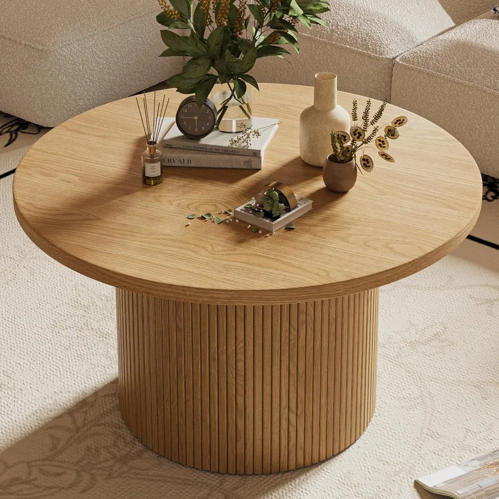 Mesa de centro redonda con almacenamiento, mesas de centro de 35" para sala de estar, mesa central circular con acento de madera para apartamento, roble