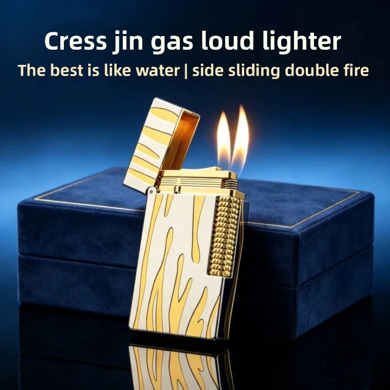 Side‑Slide Double Flame Gas Lighter Golden Fluid Pattern Metal Lighter Classic Click Sound Pocket Lighter Men Luxury Gift
