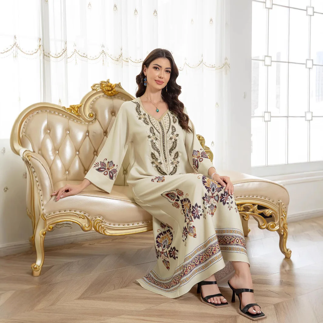 

Middle East Muslim Women's Robe Printed Embroidery Dubai Dress Fashion Simple Temperament Elegant Holiday Style High-end Banquet
