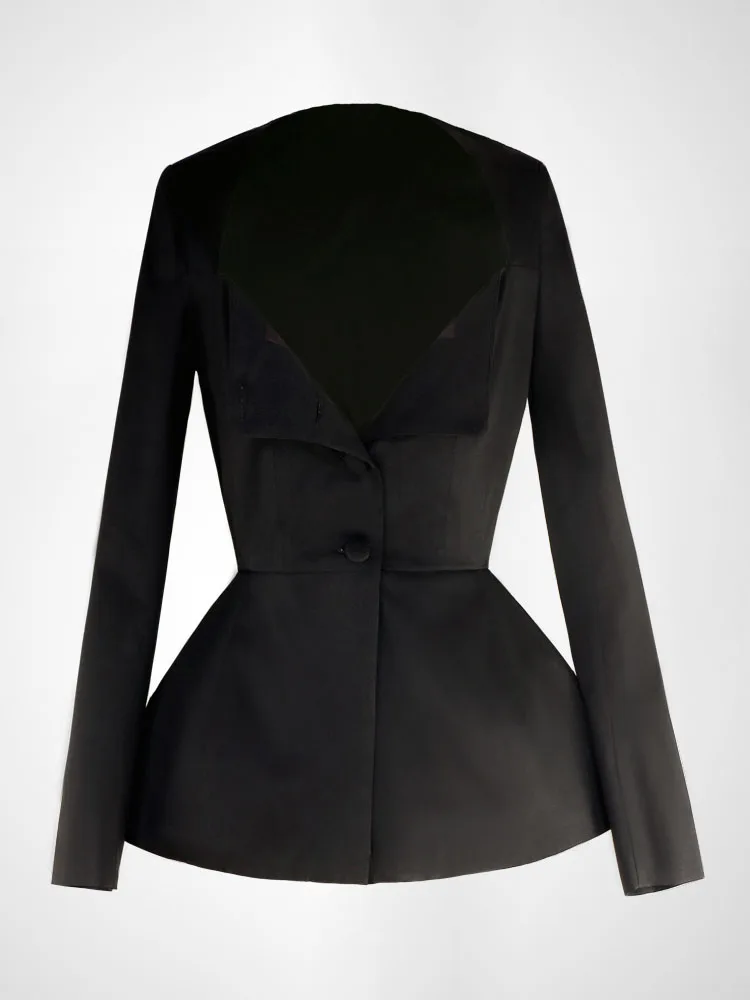 Retro elegant black slim fit square neck coat high end fashion for commuting waist cinching top for women long sleeved suit
