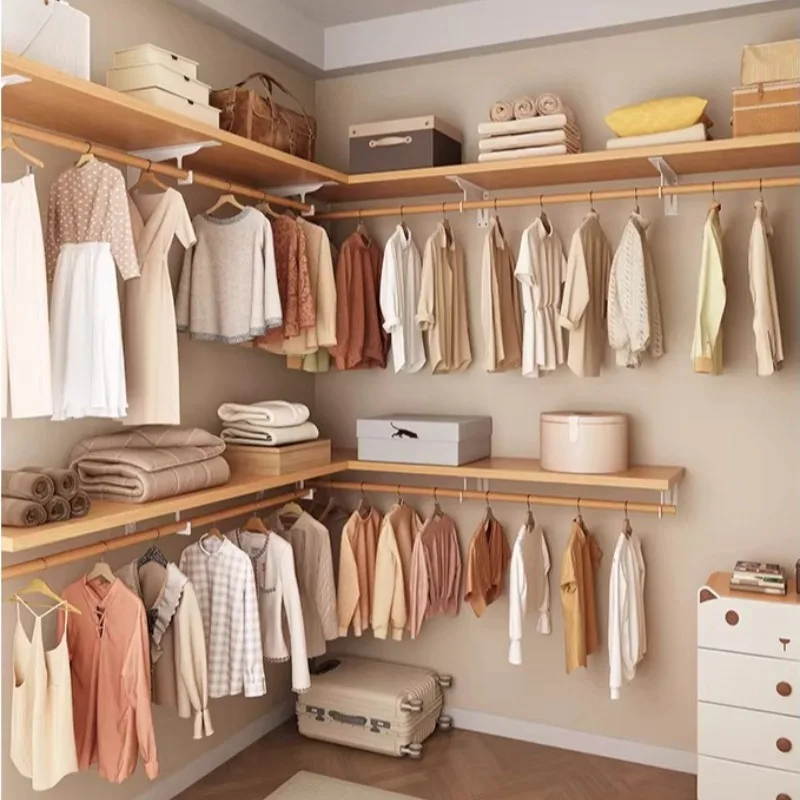 Modern Wall Closet System Solid Wood Open Wardrobe with Hanging Rods Bedroom Clothing Storage Solution Modular Garment Rack