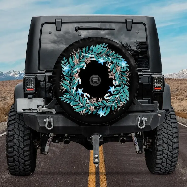 Teal Christmas Wreath Spare Tire Cover, Backup Camera, Teal Christmas Tire Cover, Teal Christmas Car Accessories, Rear camera ti