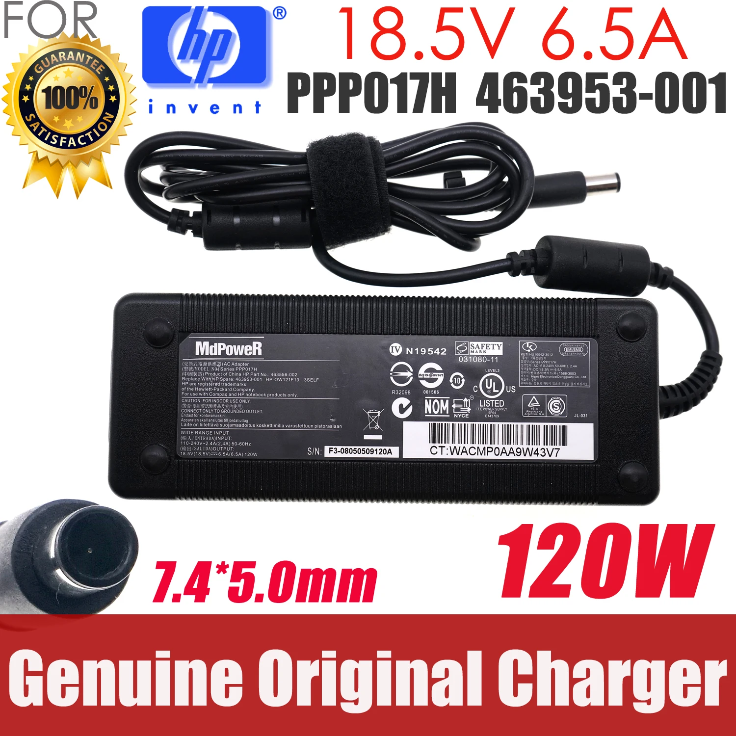 Original 18.5V 6.5A 120W 7.4*5.0mm AC Adapter for HP DV7 8570w 8730p 8740P DV8 PPP017H PPP016L 391174-001 463953-001 609941-001