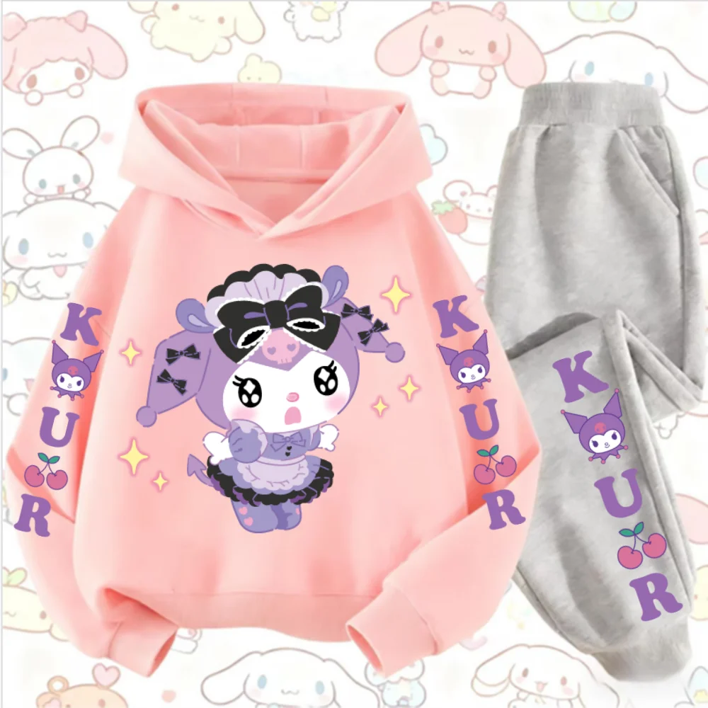 

Милый костюм с капюшоном и брюками Kuromi — детская повседневная одежда с мультяшным принтом