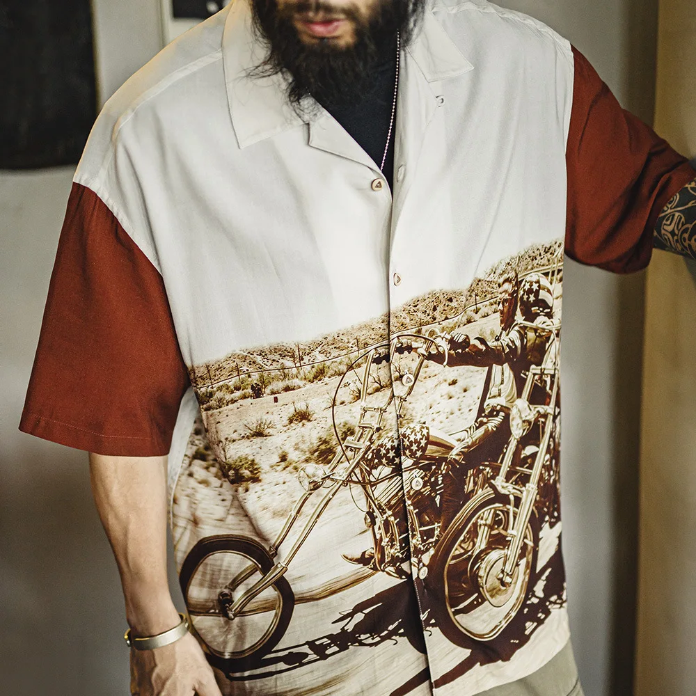 

Maden Cuban Collar irt Мужская летняя тонкая ор Све с принтом Свободная посадка Повседневная рабочая одежда Винтажная американская драпированная верхняя одежда