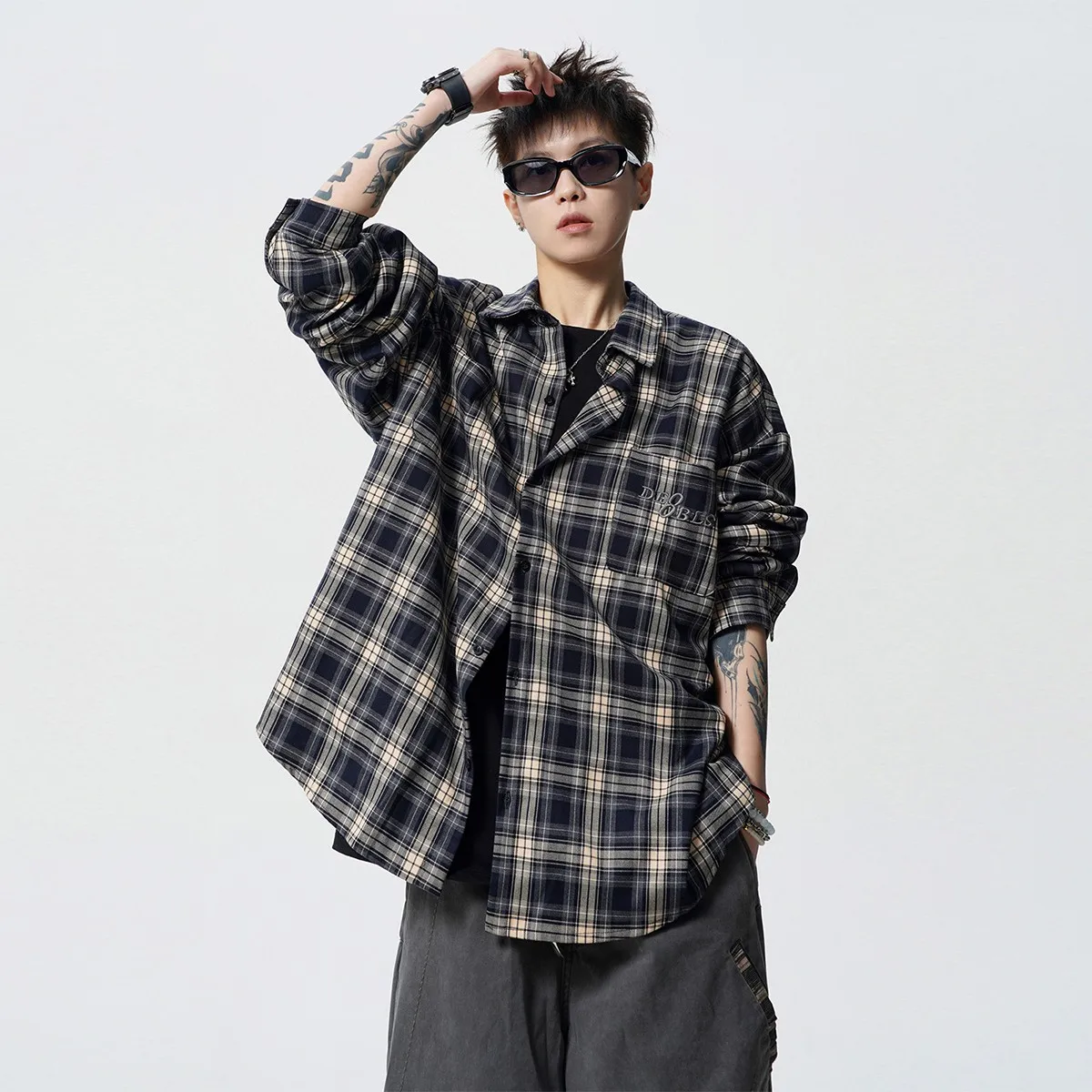 

Retro Plaid Long Sve Men's irt Autumn Trendy Brand Versatile Embroidered Casual American High Street Couple Sle Top